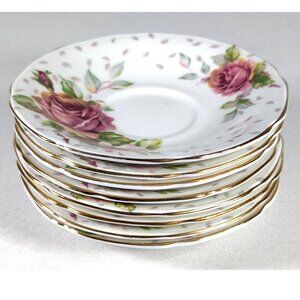 Vintage Paragon Golden Emblem set of 8 saucers, pink cabbage rose double warrent